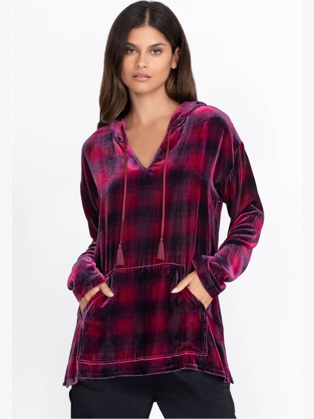 Johnny Was Velvet Hoodie Cerise Plaid Silk Blend Pullover Tunic Maroon Red M
